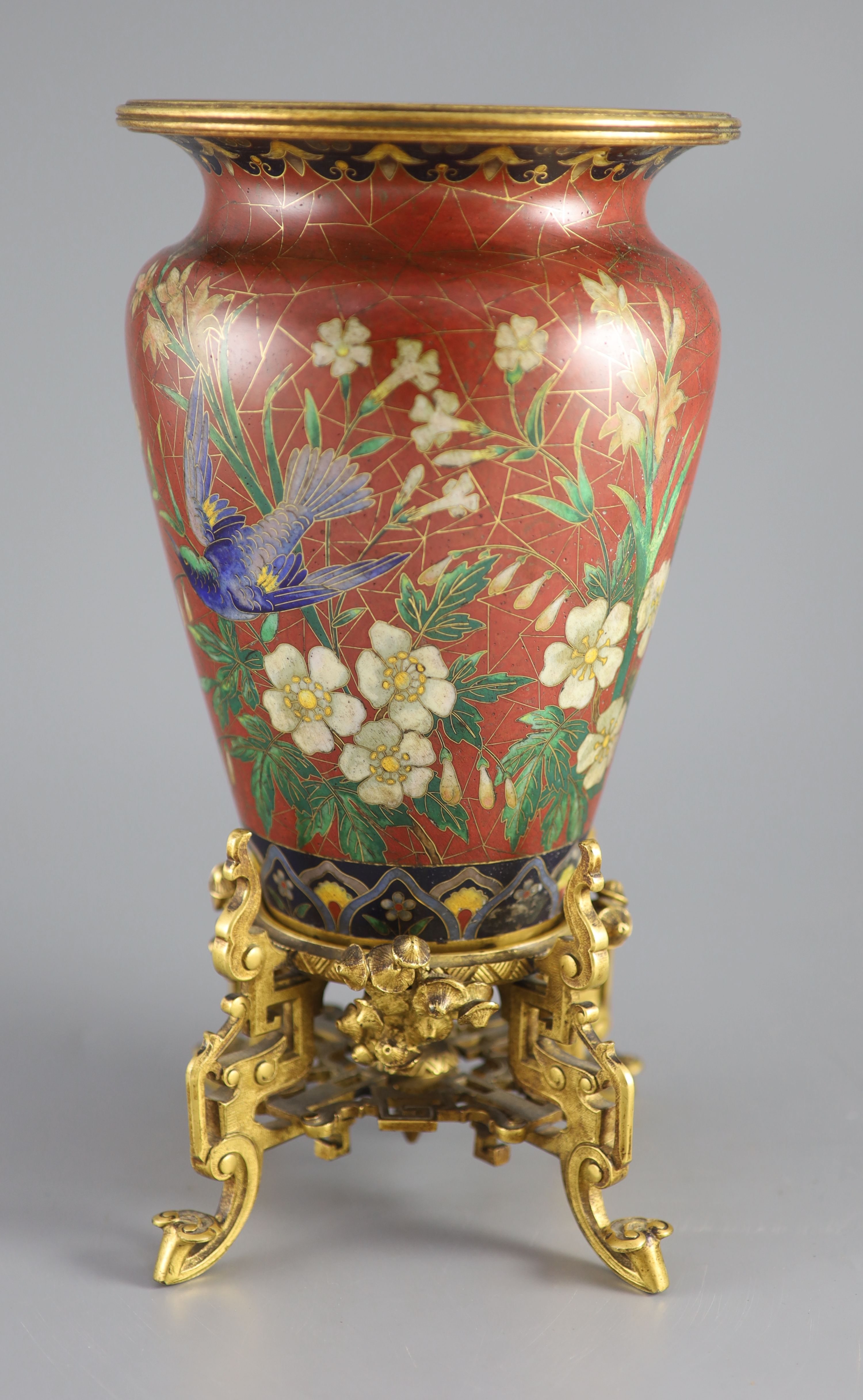 An Elkington & Co. Japonaise ormolu mounted 'cloisonne' enamel vase, c.1874, 32cm high, area of restoration